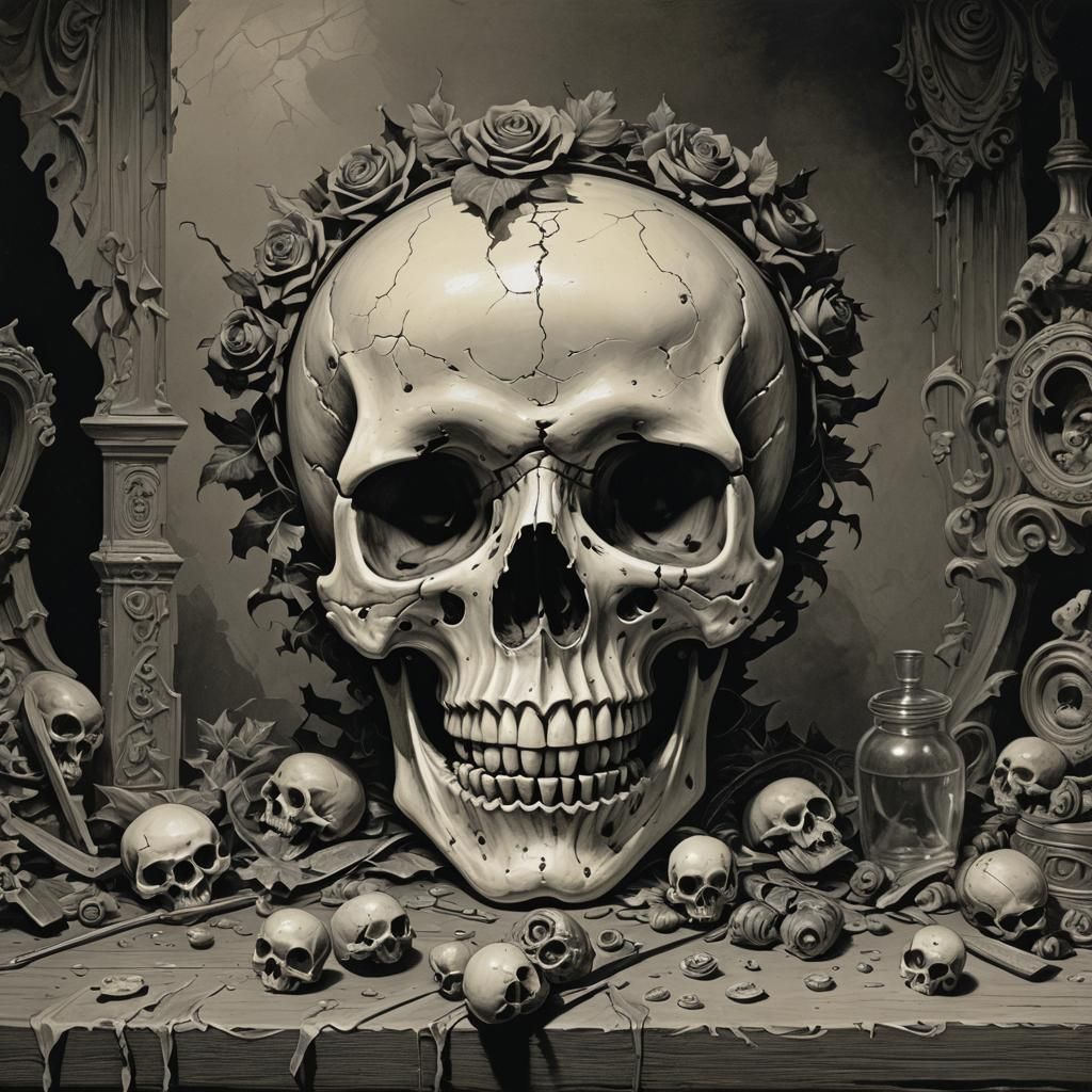 Skull Still Life in Horror Style