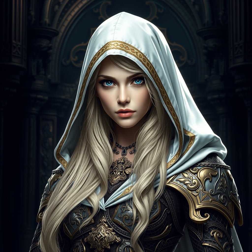 Regal Fantasy Woman in Medieval Hooded Cloak with Gold Trim