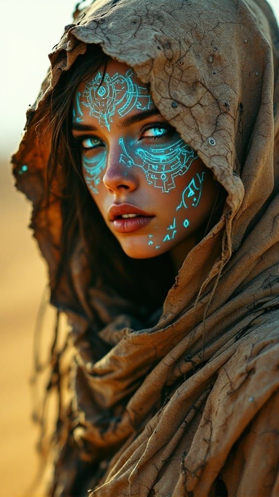 Mystical Desert Sorceress with Bioluminescent Glyphs