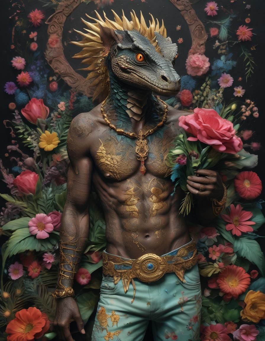 Fabric Goanna in High Heels with Floral Tattoos