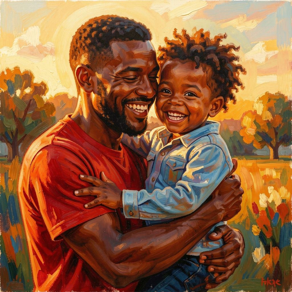 Black Father Embracing Child in Golden Hour Oil Painting
