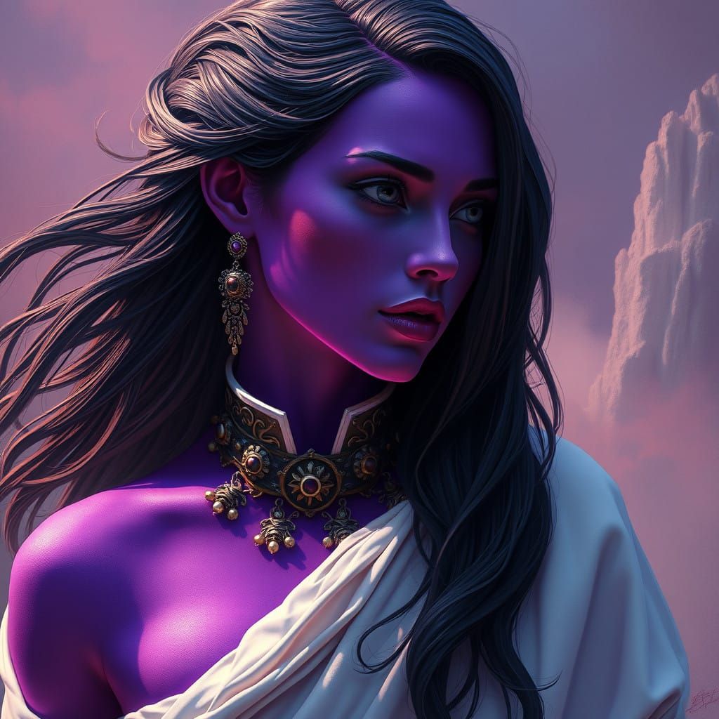 Regal, Purple-Skinned Goddess in Ornate Toga