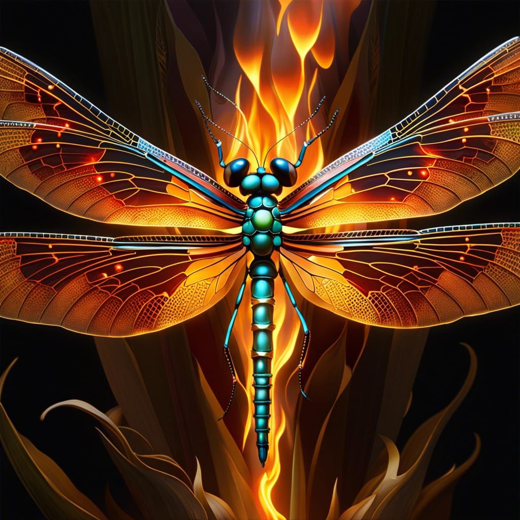 Ornate Fire Dragonfly in Art Nouveau Style