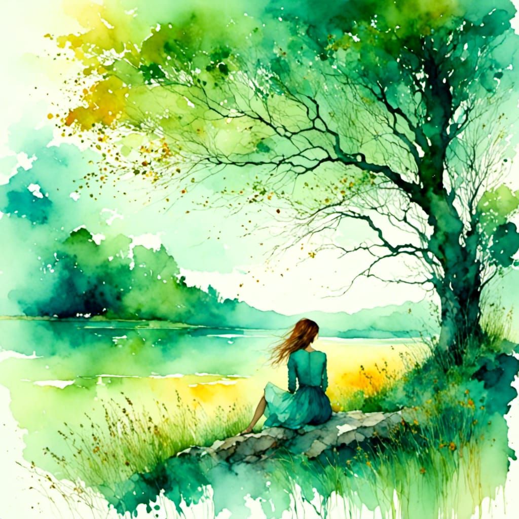 Woman in Garden at Dawn in Watercolor Style
