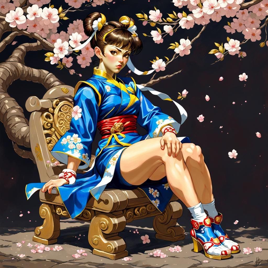 Chun Li with Cherry Blossoms: Surrealist Painting