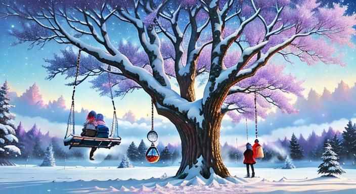 Winter Lady Swinging: Vivid Oil Painting with Sparkles