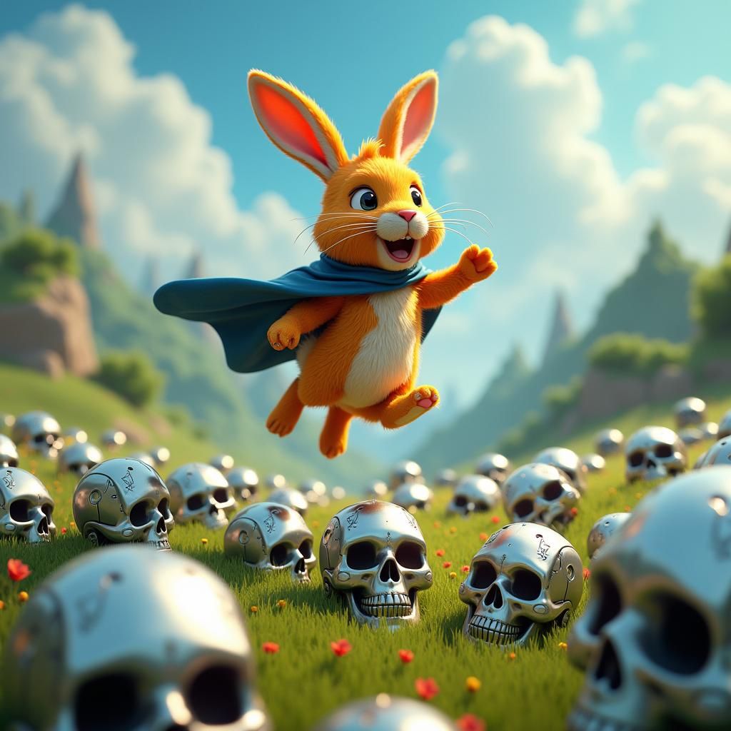 Whimsical Rabbit's Joyful Leap Over Robot Skulls