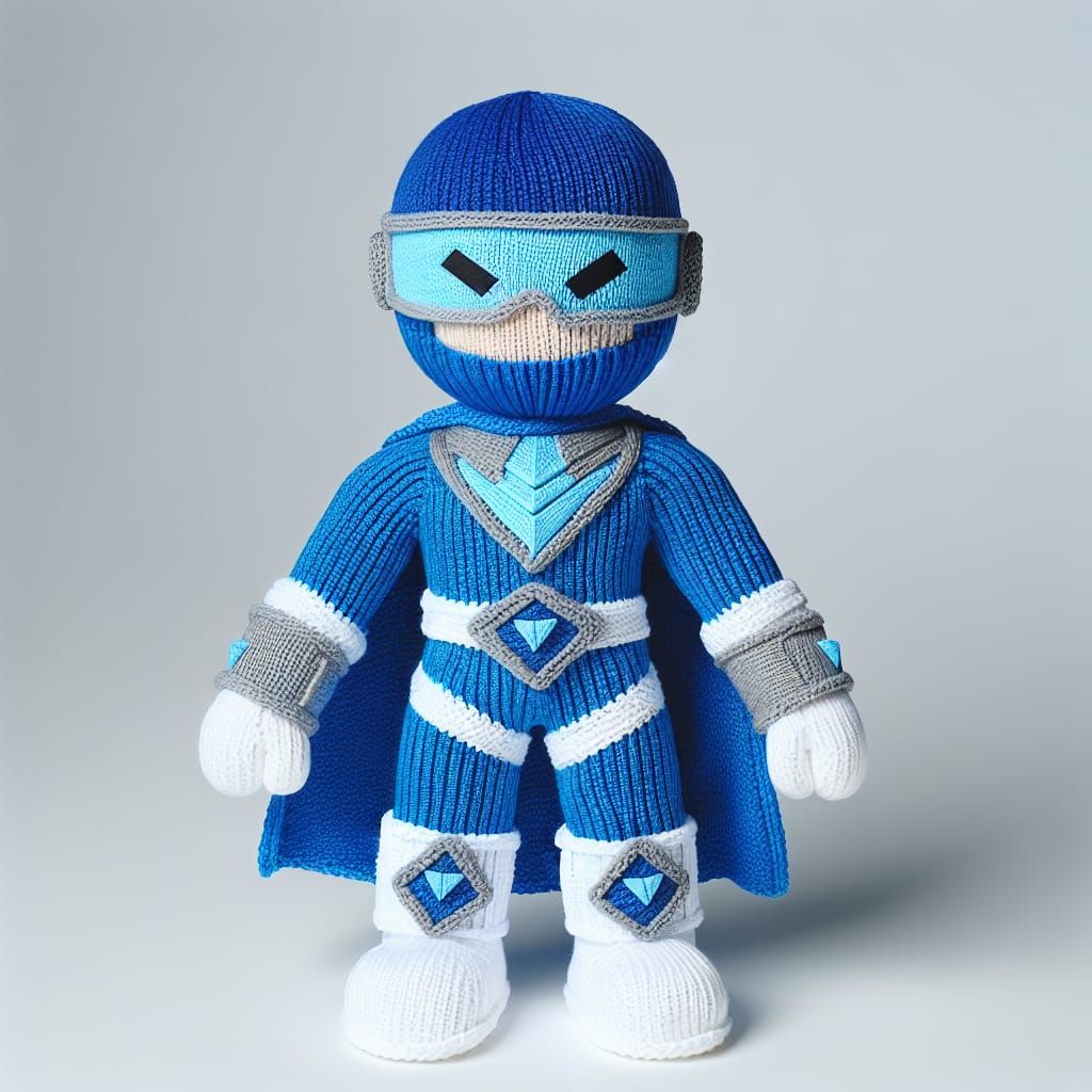 A knitted Power Ranger-inspired  Blue Power ranger