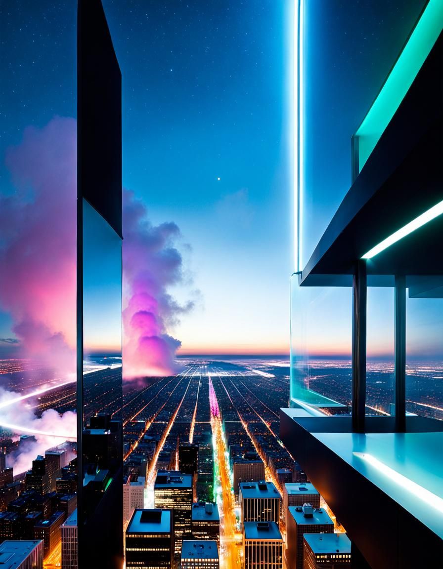 Futuristic City in Galaxy Glass with Atmospheric Perspective
