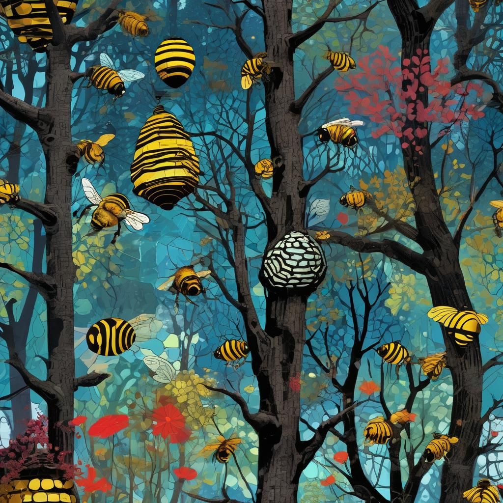 Surreal Honey Bee Hive in Pop Art Forest