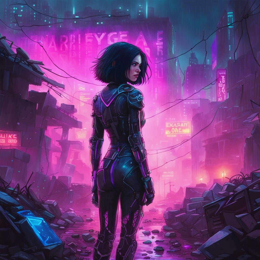 Alita in Cyberpunk Cityscape Among Garbage