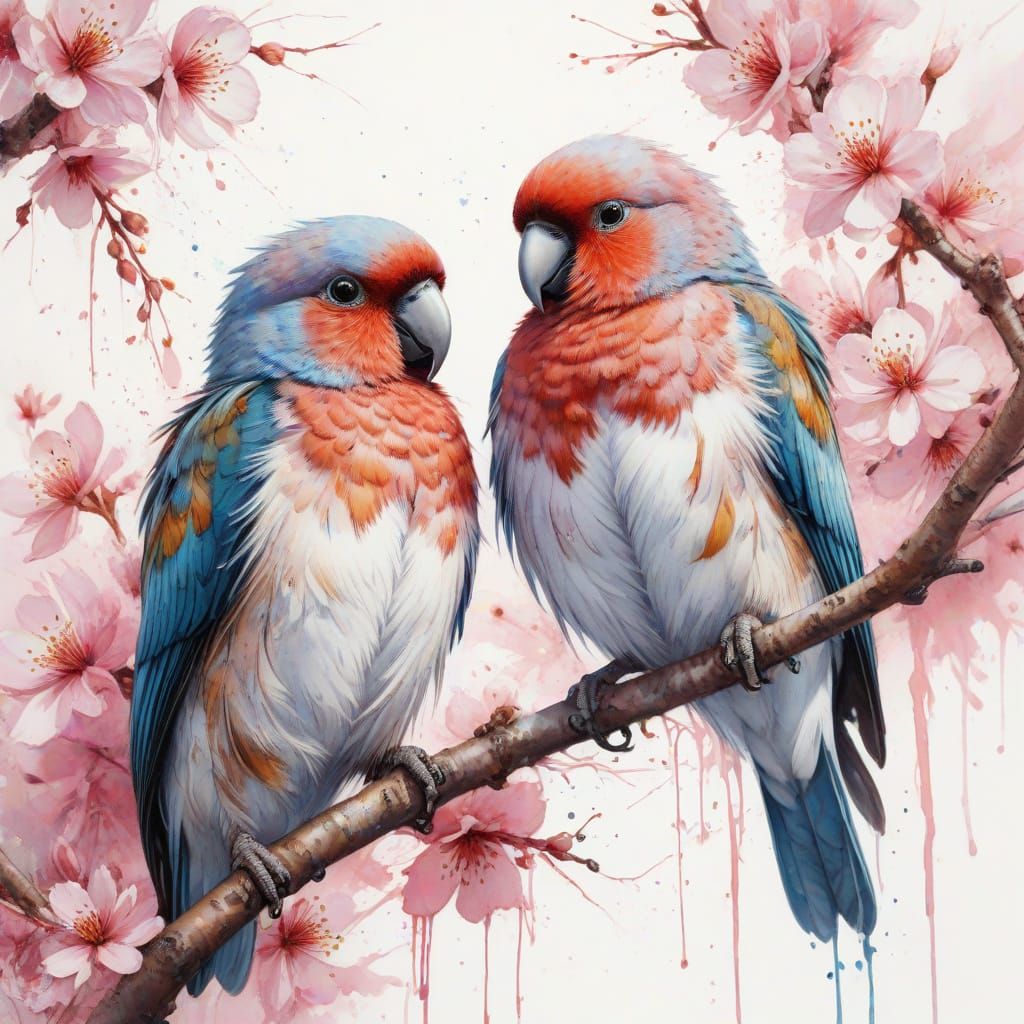Enchanting Lovebirds on Cherry Blossom Tree in Watercolor