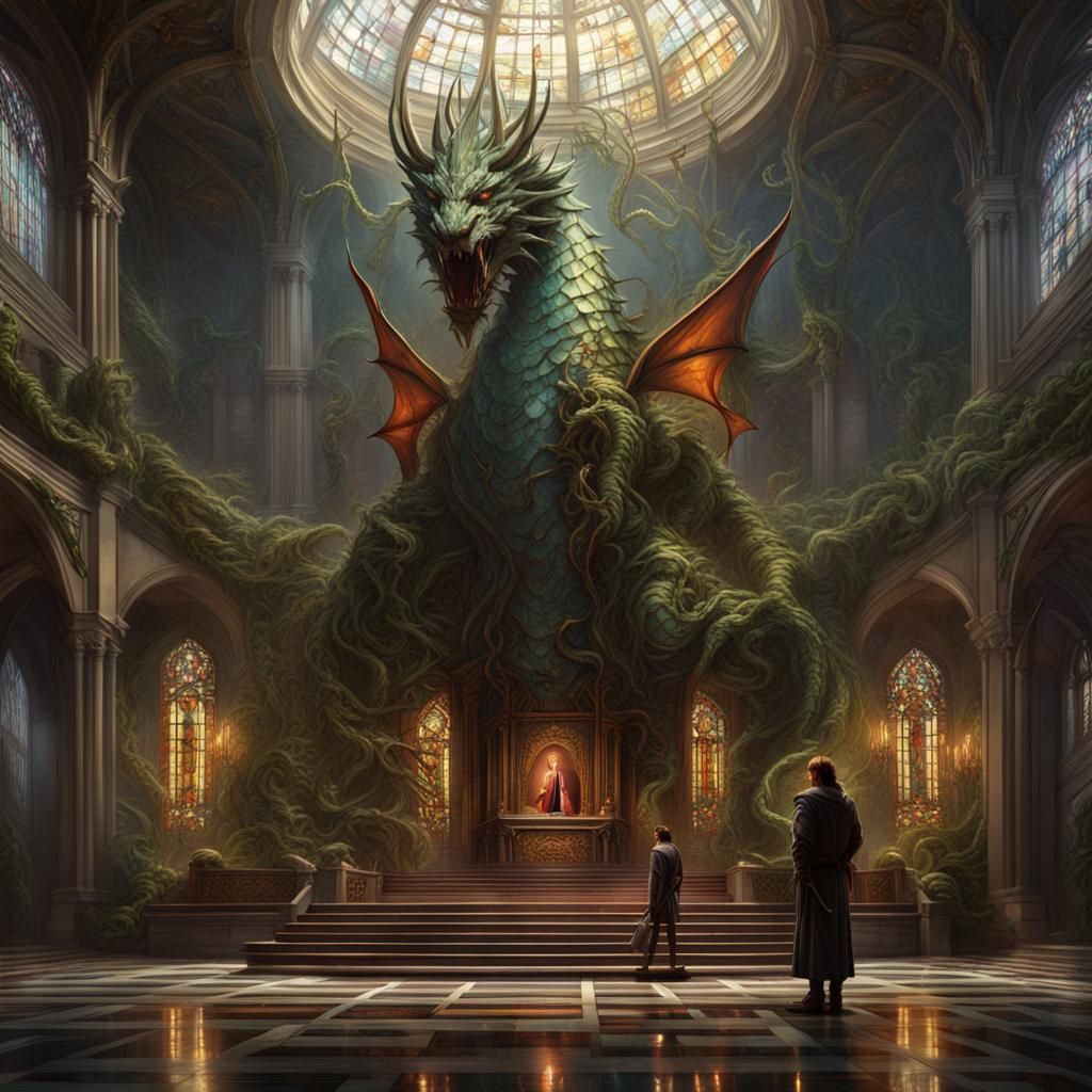 God on Throne with Dragon: Dark Fantasy Concept Art