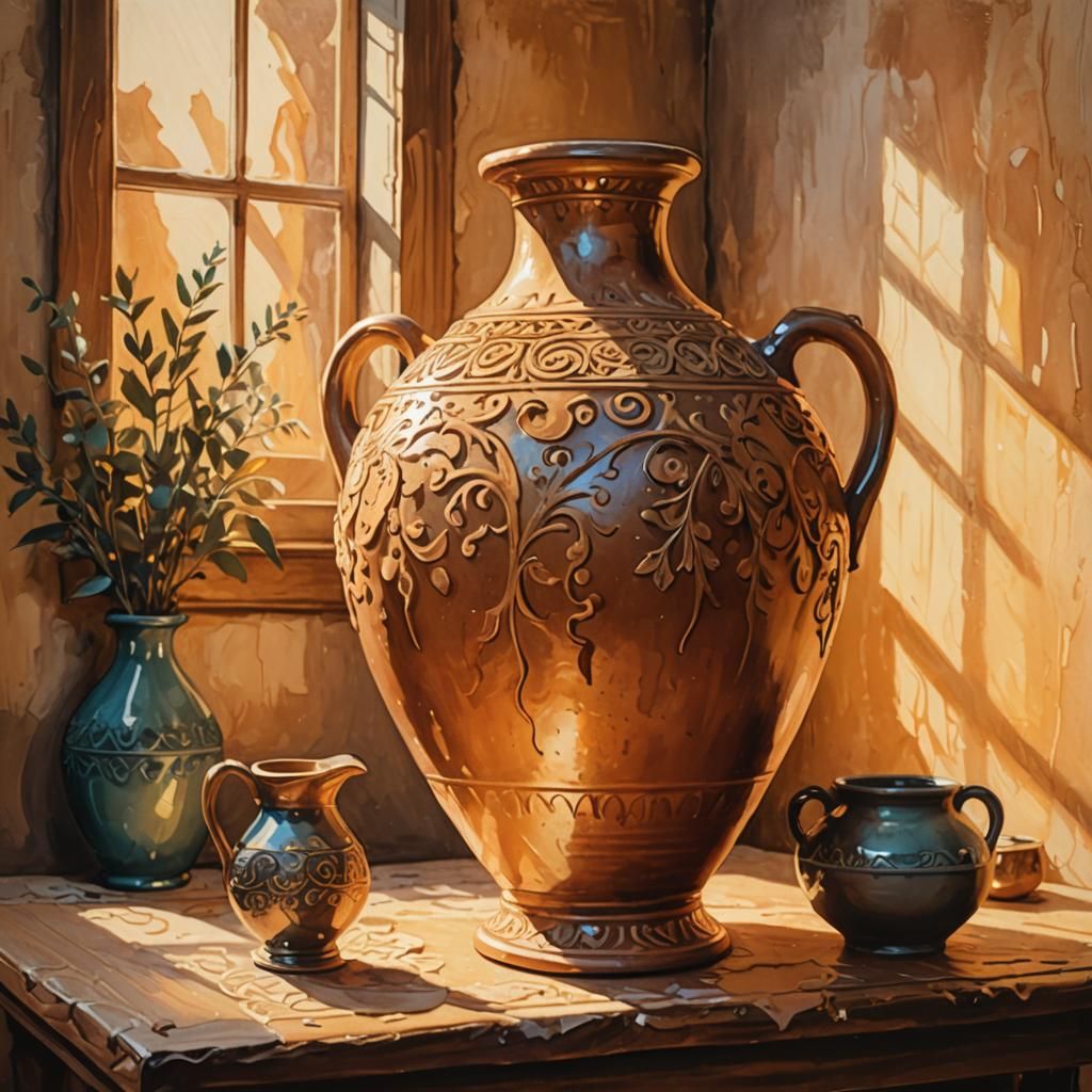 Ornate Amphora with Golden Light as Gouache