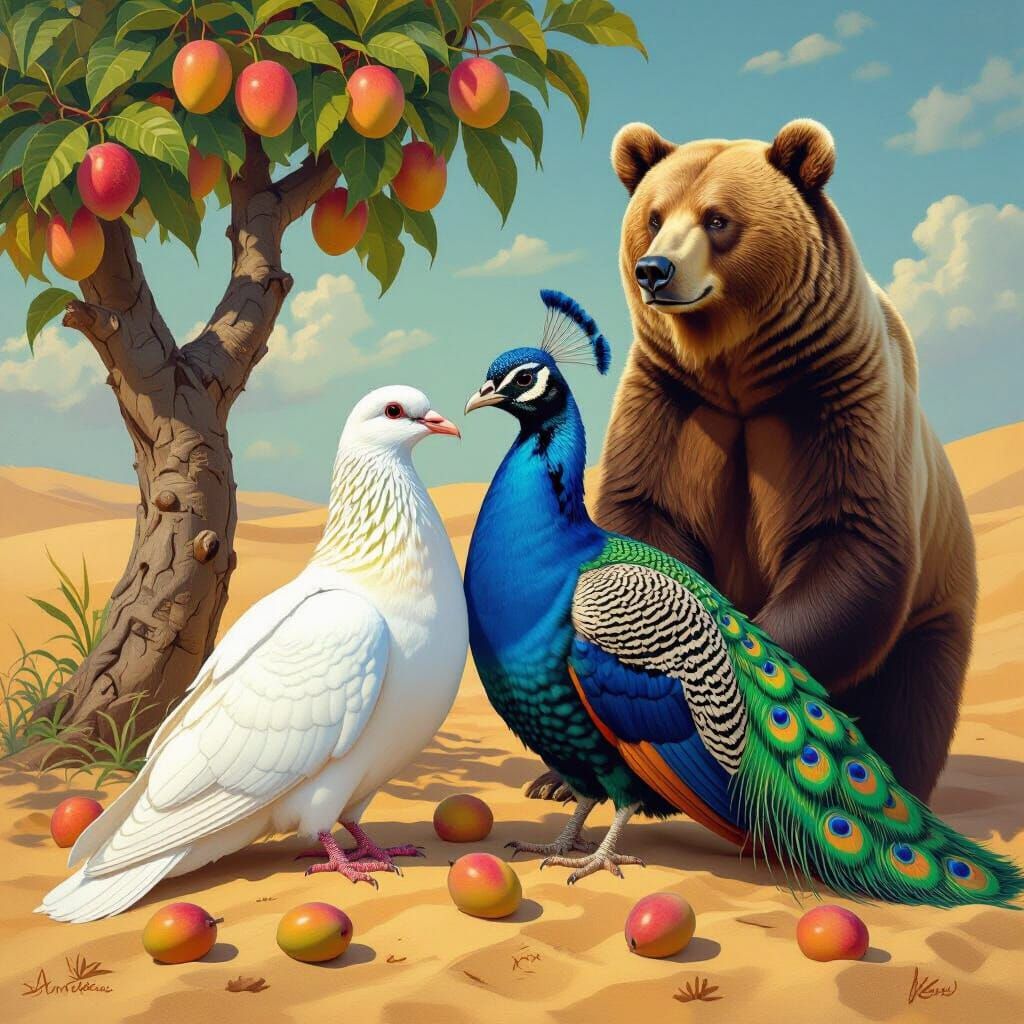 Dove and Peacock in Desert Landscape, Traditional Painting