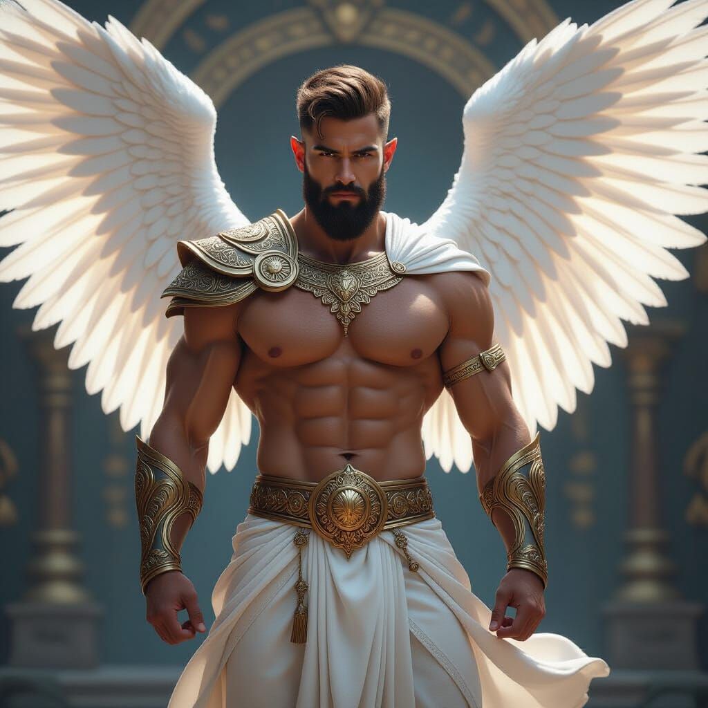 Warrior Angel with White Swan Wings in Golden Armor