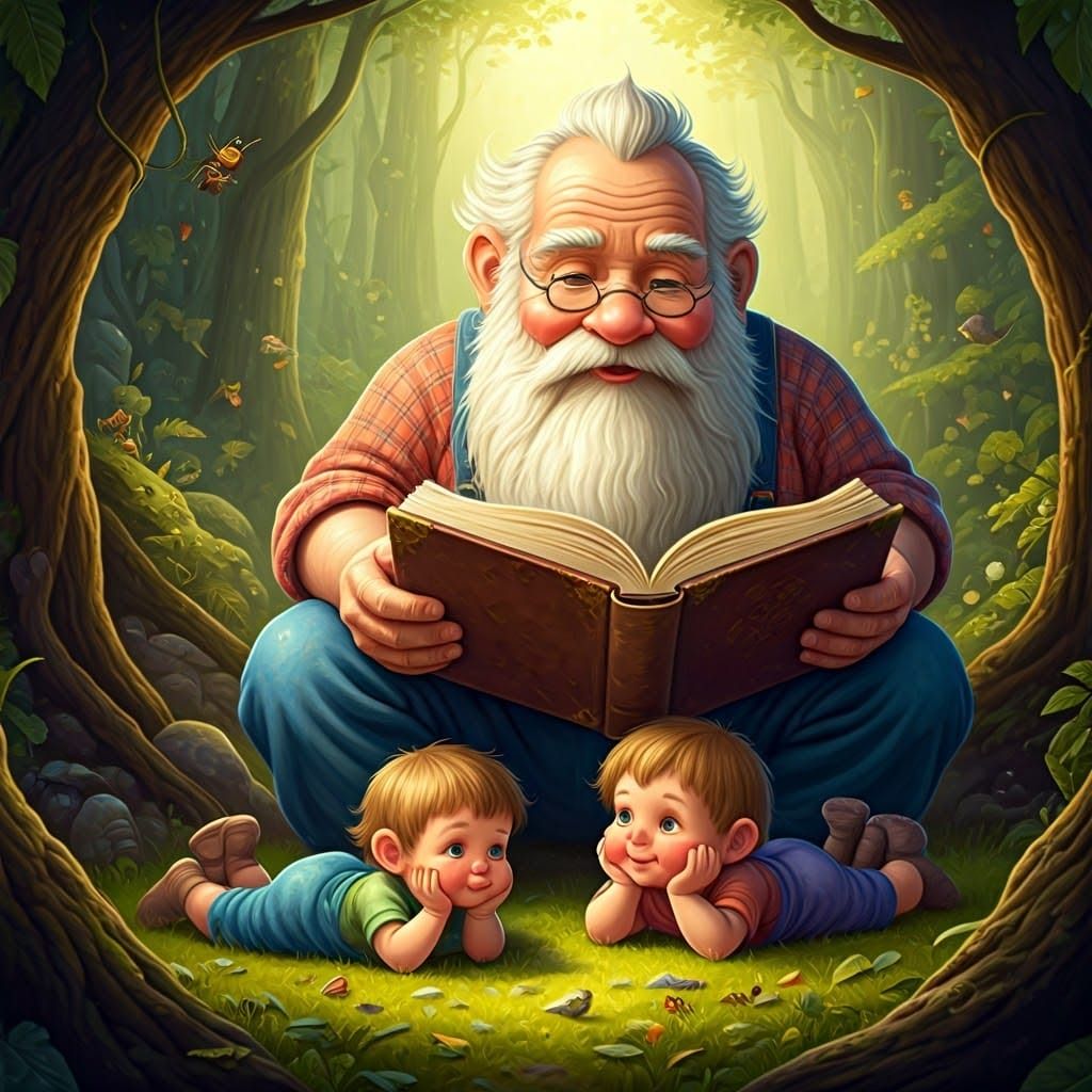 Grandfather Gnome Reading to Grandchildren, Hyperrealistic S...