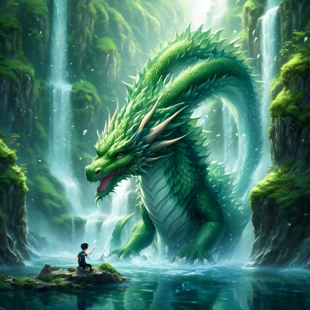 Dragon Peeking Out From Waterfall