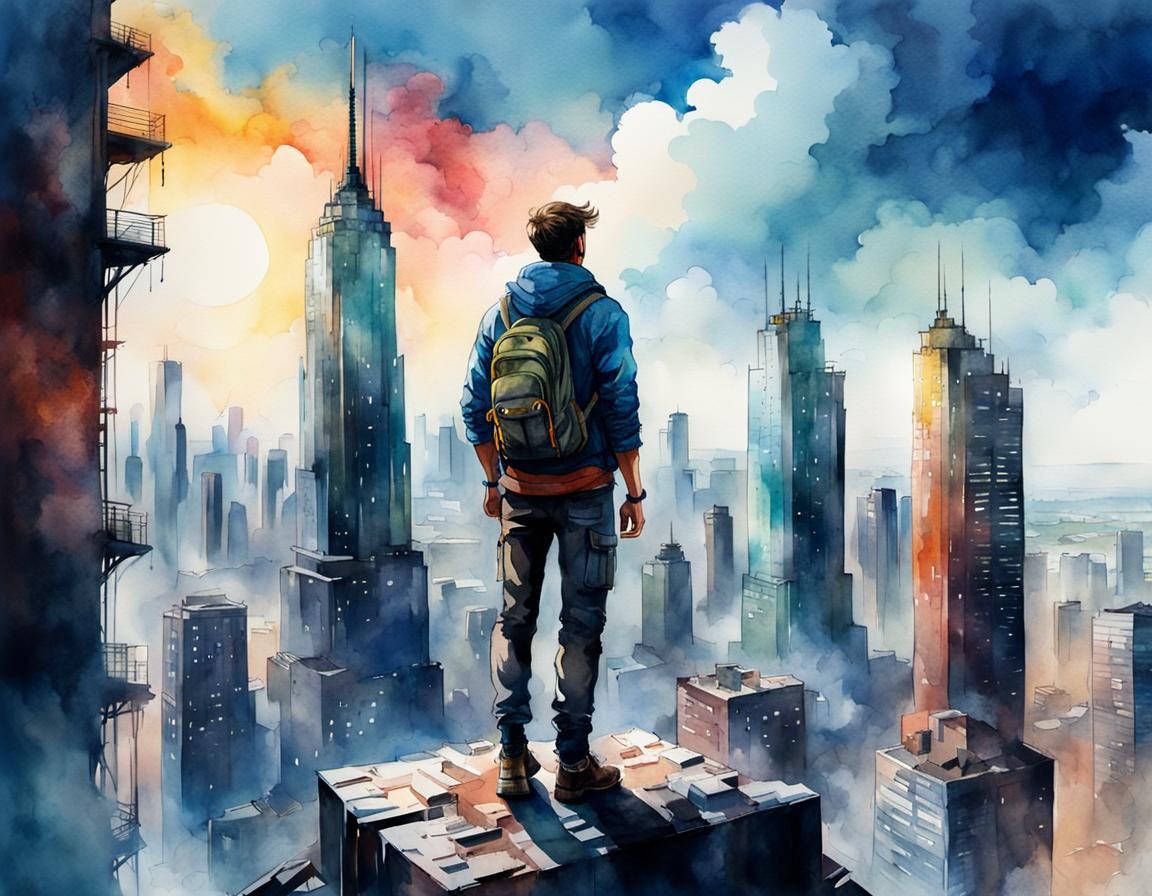 Man on Skyscraper in Ruined City: Watercolor
