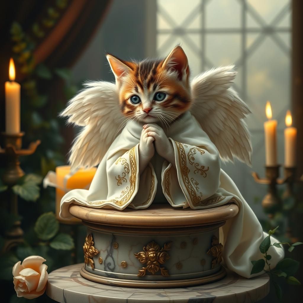 Winged Kitten Praying in Renaissance Style