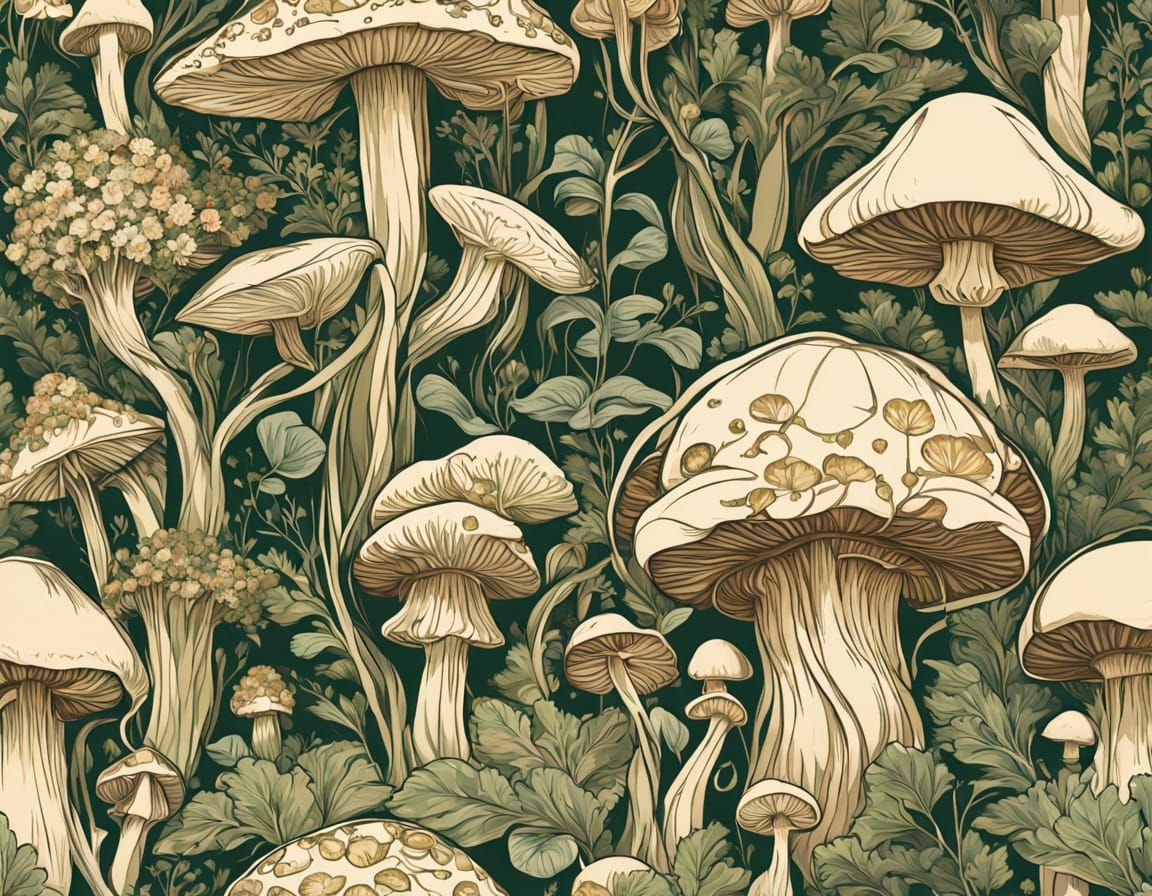 Mushroom Houses in Forest, Art Nouveau Style
