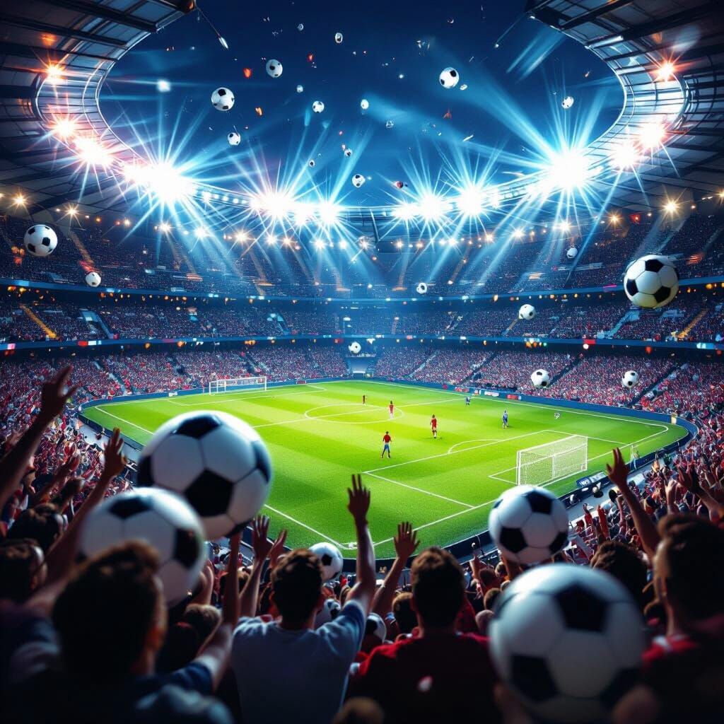 Vibrant Soccer Stadium with Dynamic Lighting and Fast Balls