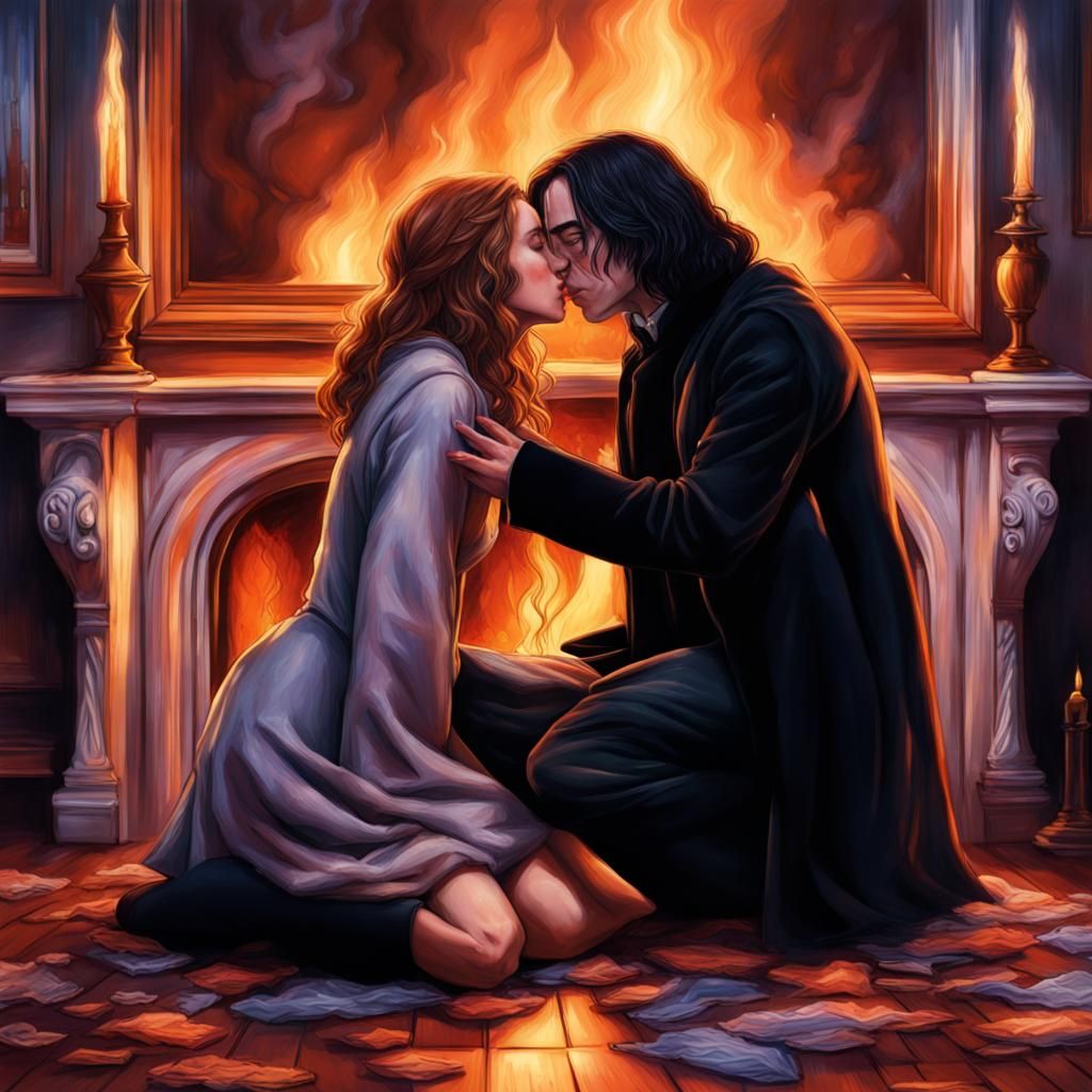 Severus Snape and Hermione Granger kissing in front of the fireplace