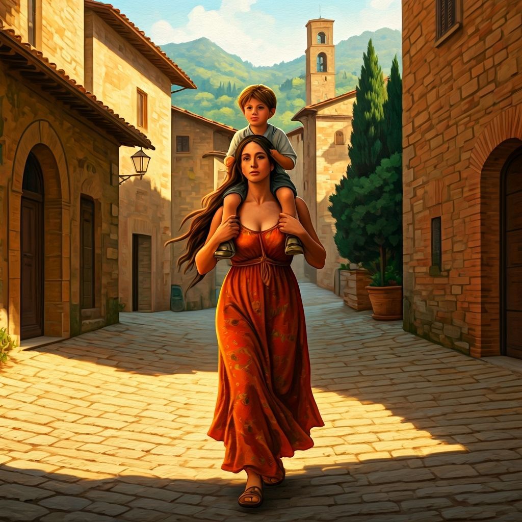 Statuesque Italian Woman Carries Boy Through Tuscan Village