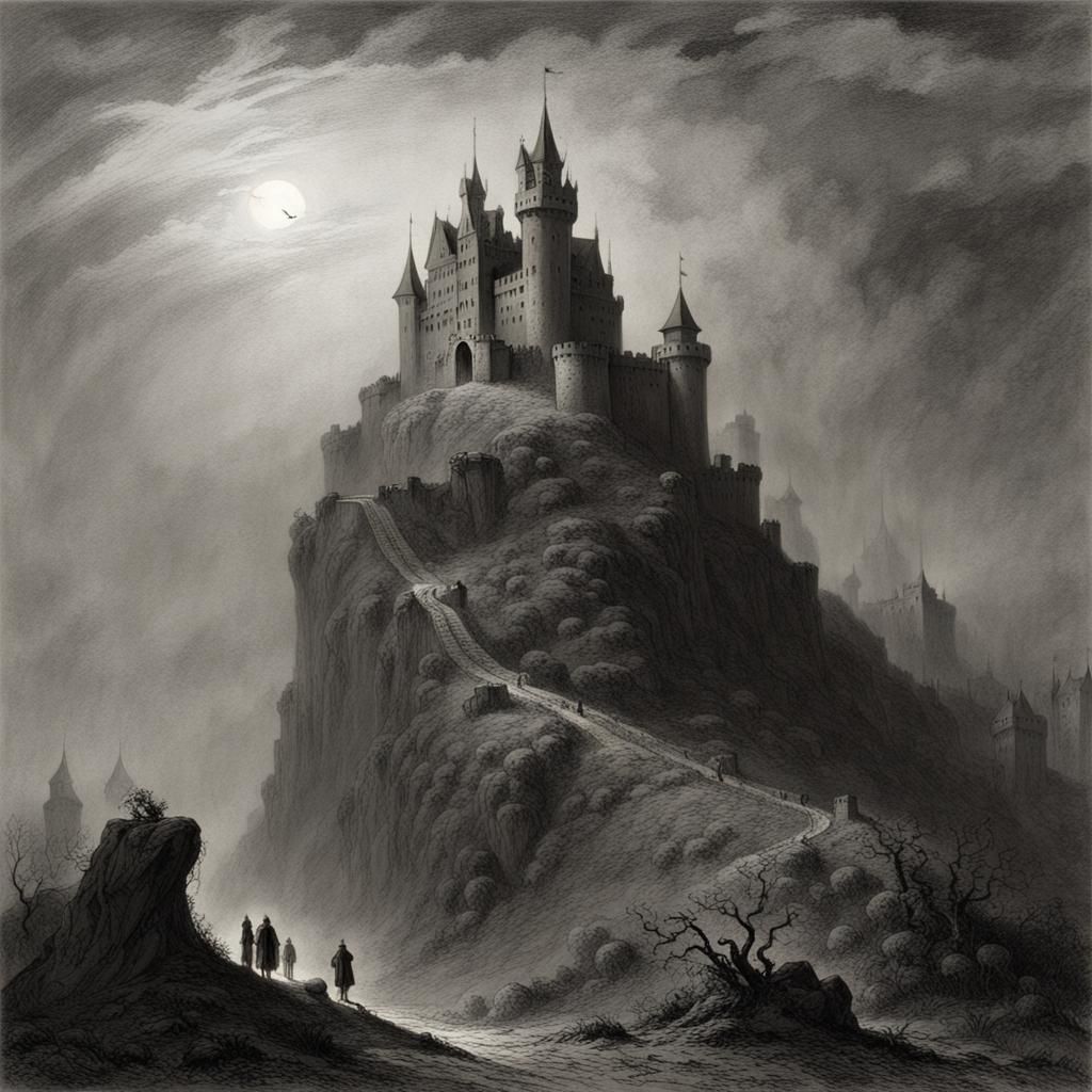 Fog-Shrouded Castle on a Hill: Horror Illustration