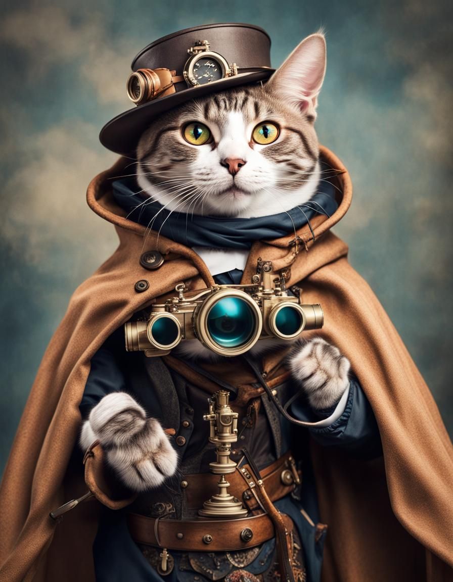Steampunk Cat with Telescope: Hyperrealistic Photo
