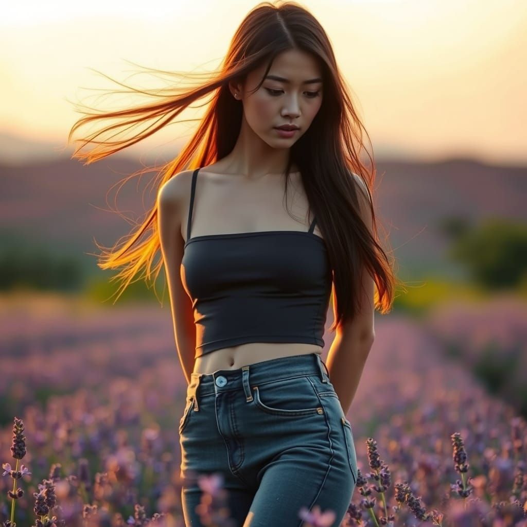 Japanese Woman in Lavender Field, Photorealistic Image