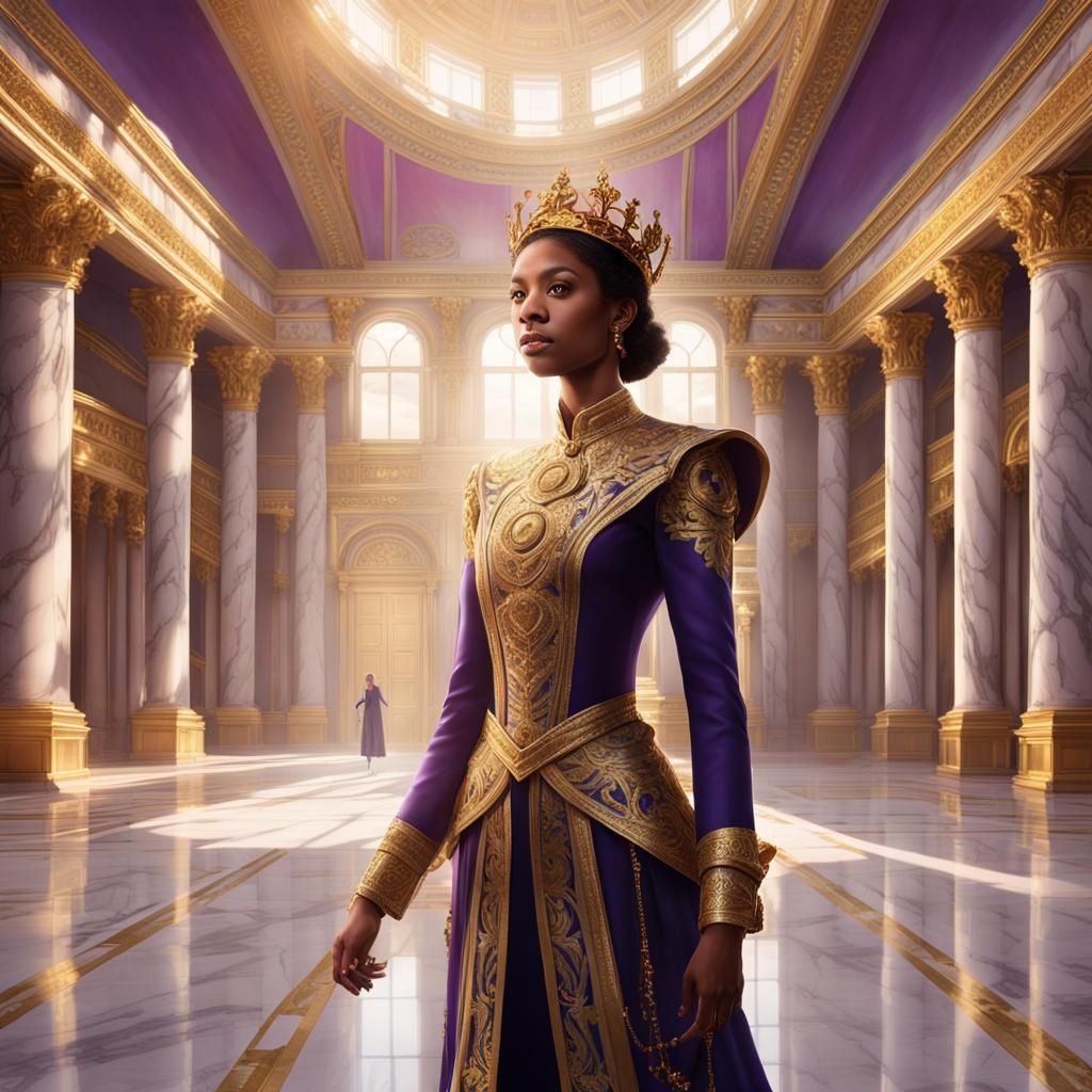 Woman in Gold Suit in Grand Hall: Digital Art