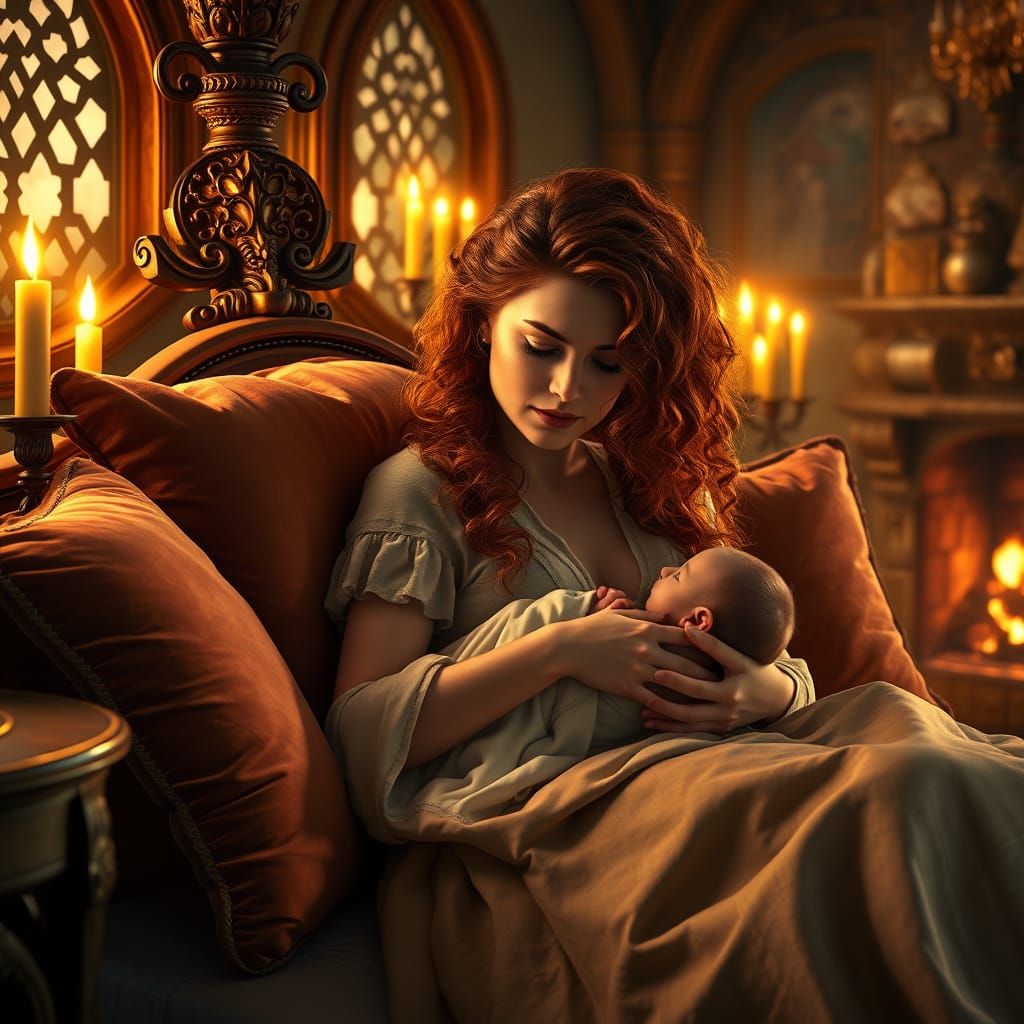 Medieval Fantasy Woman with Newborn in Cozy Castle Chamber