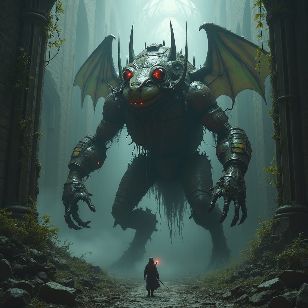 Demonic Mechanical Frog Awakens in Gothic Ruins