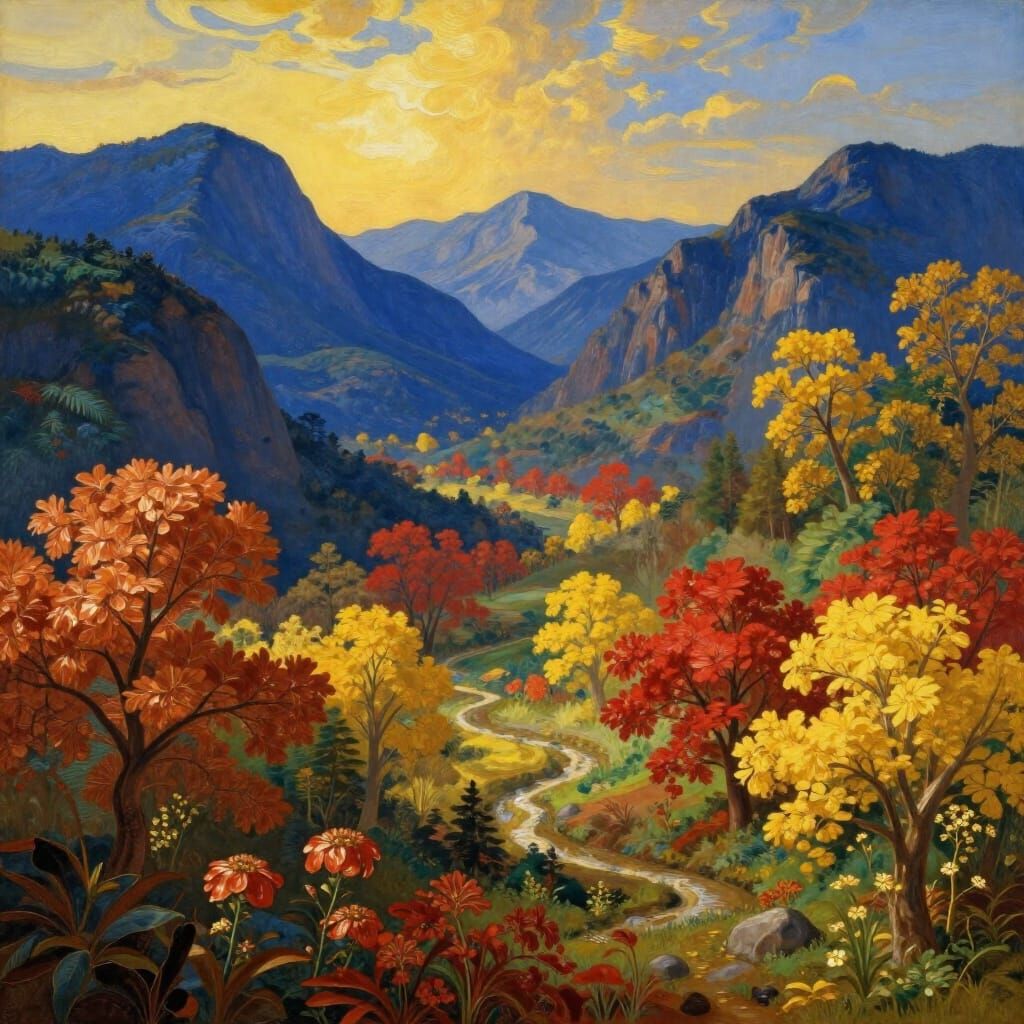 Mysterious Sunlit Landscape with Blue Mountains and Red Tree...