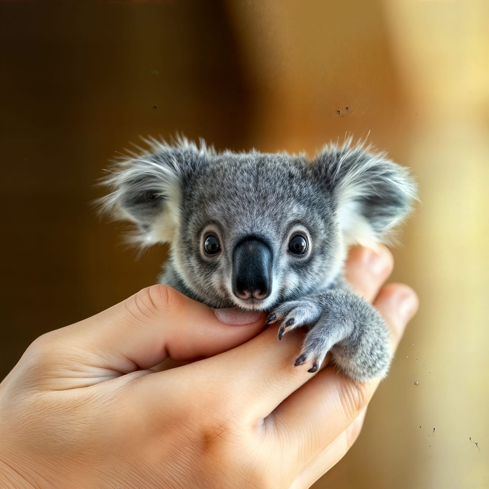 Miniature Koala on Human Fingers: Cinematic Close-Up
