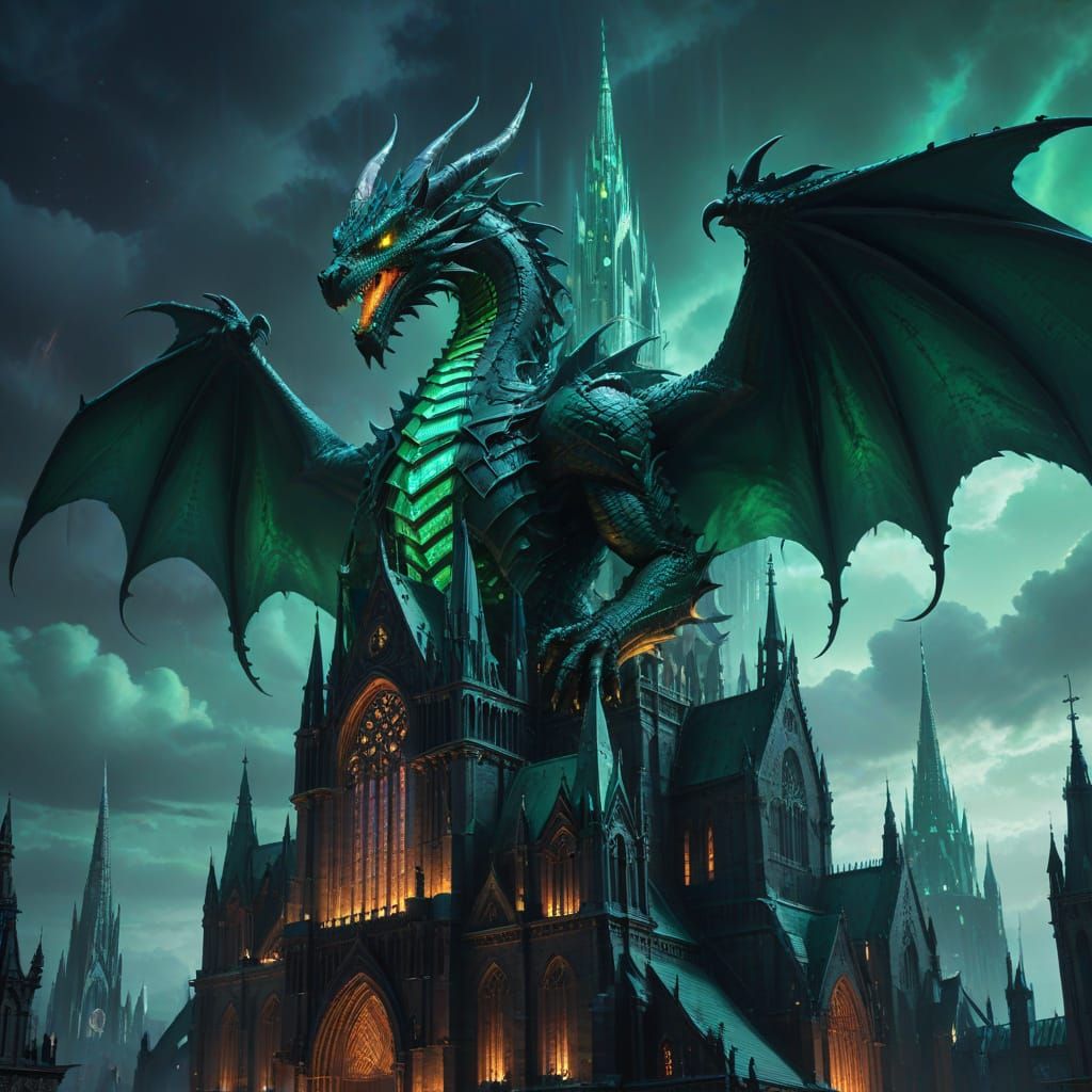 Bio-Luminescent Dragon Coiled Around Gothic Cathedral
