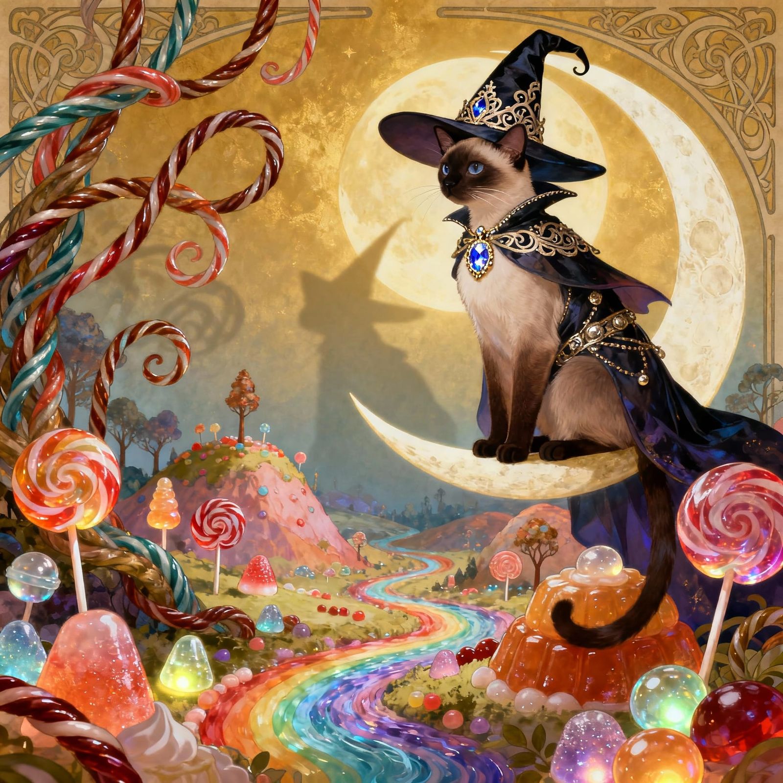 Regal Siamese Cat in Witch Costume on Crescent Moon