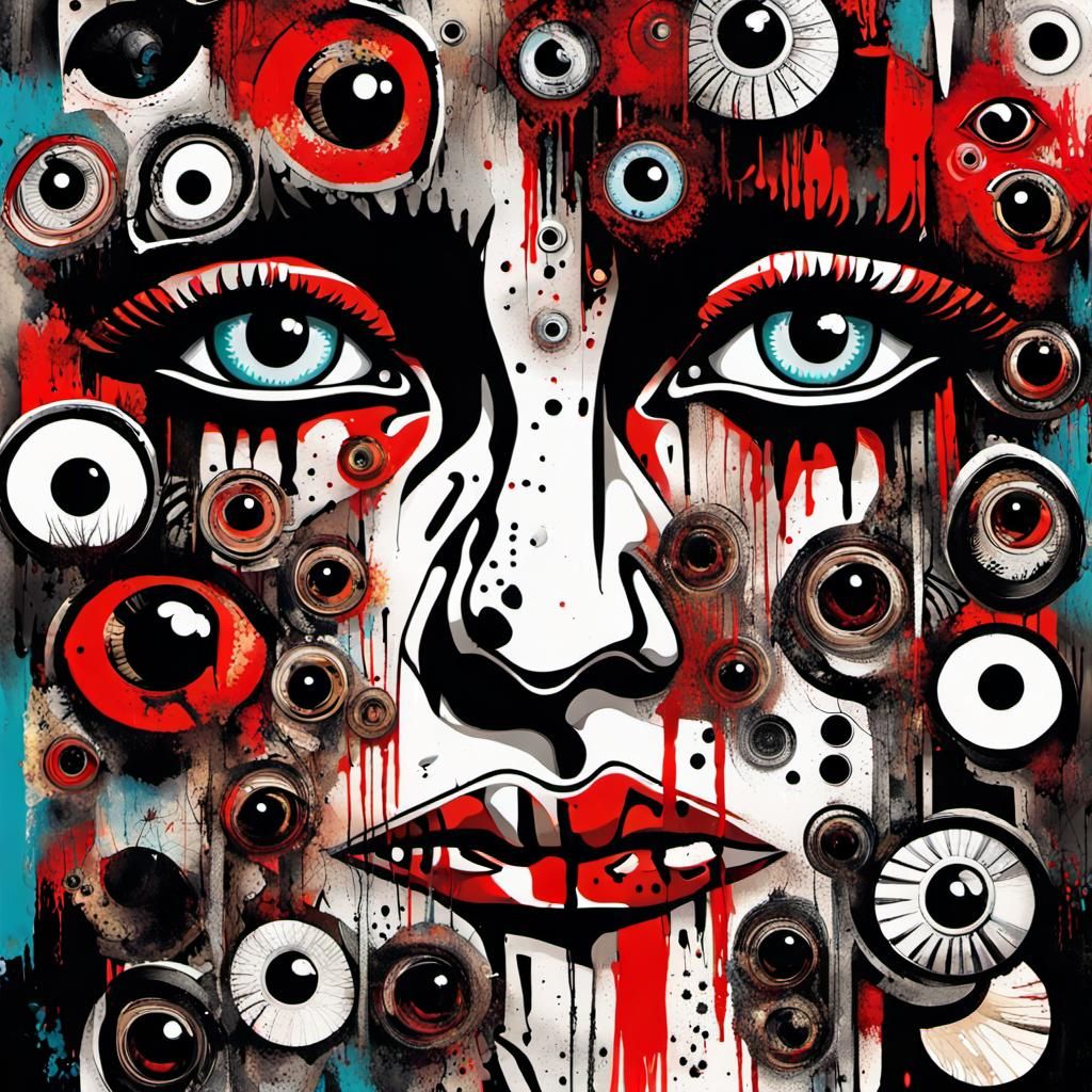 Dismantled Face in Psychedelic Mixed Media Style