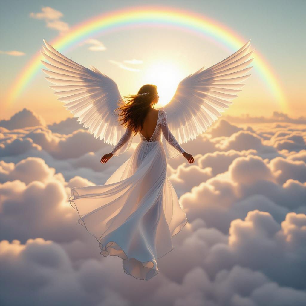 Ethereal Angel Ascending Through Rainbow Clouds