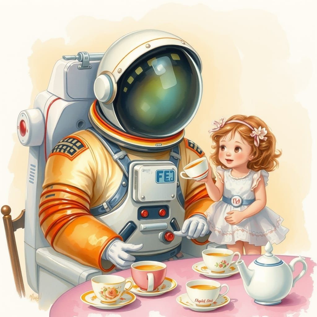 Whimsical Astronaut Attends a Tea Party with a Delightful Yo...