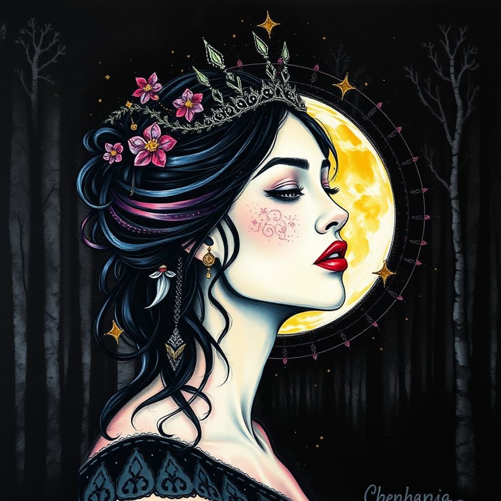 Glowing Moon Queen Portrait in Charcoal and Gouache