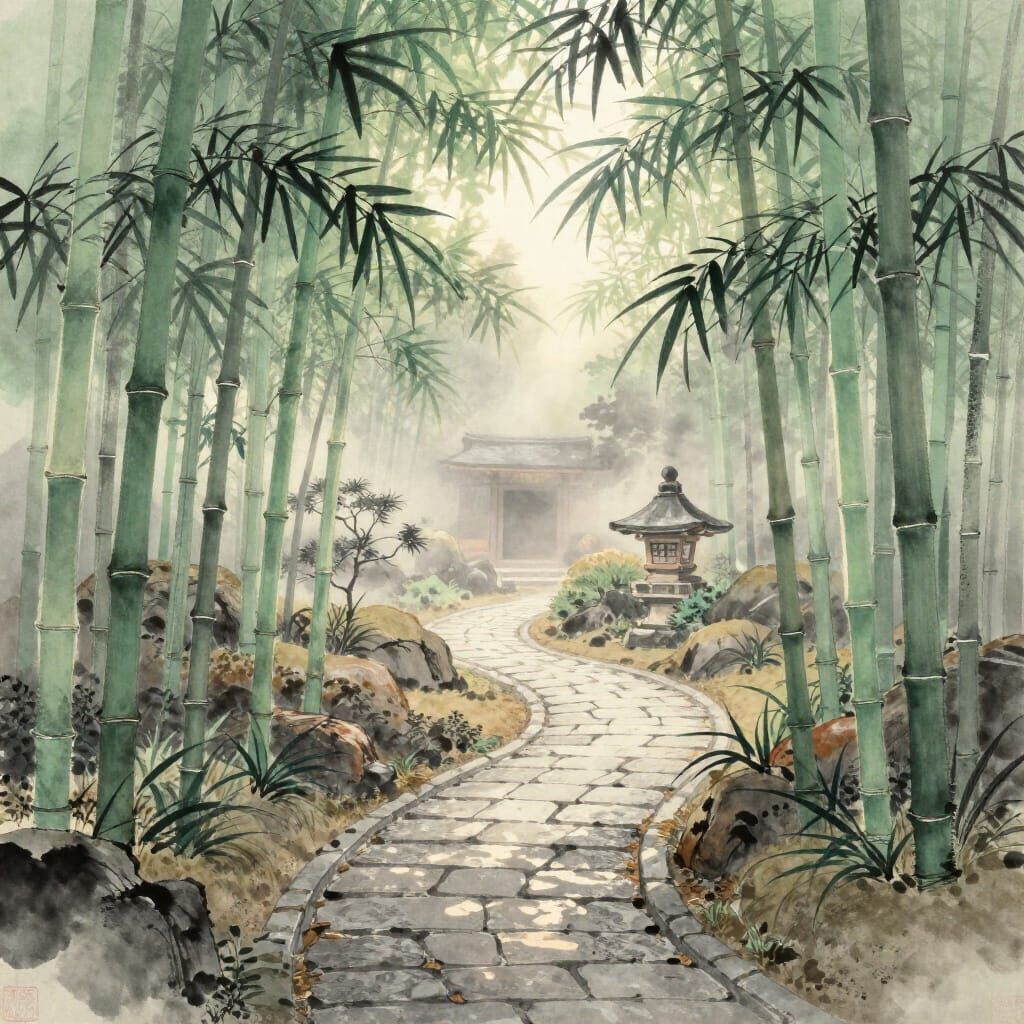 Serene Japanese Garden at Dawn in Sumi-e Style