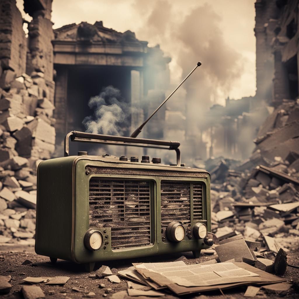 Wartime Radio in Ruins: A Vintage Scene