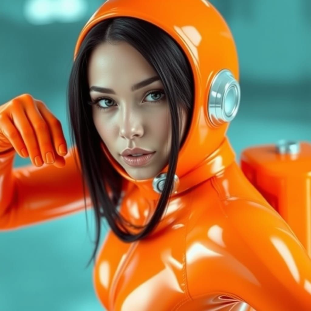 Futuristic Woman in Orange Latex Diving Suit