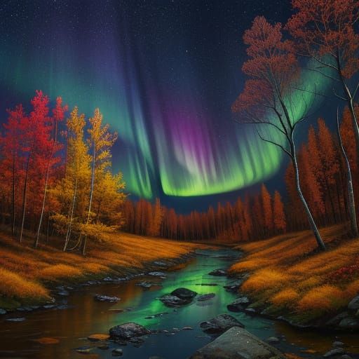 Autumn Forest with Brook Under Northern Lights