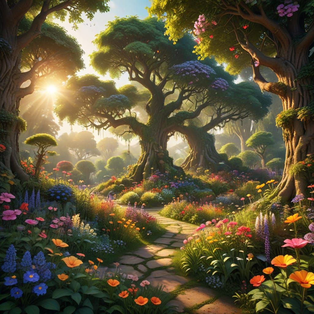 Vibrant Fantasy Garden Digital Painting at Golden Hour