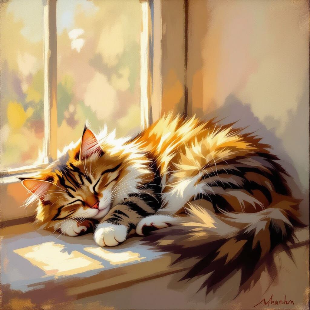 Fluffy Cat Napping on Sunlit Windowsill