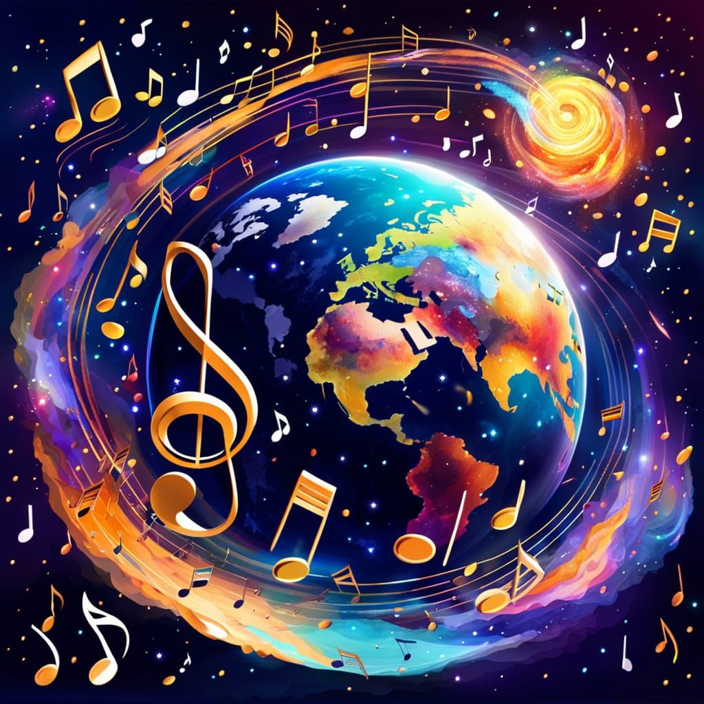 Musical Notes Orbiting Earth in Oil Painting Style