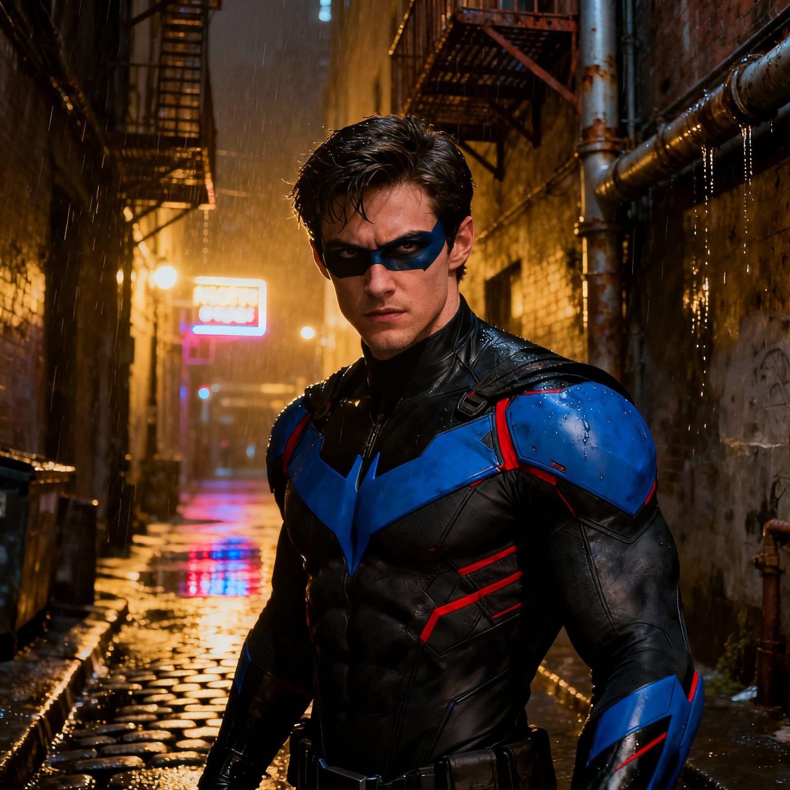 Nightwing in Grimy NYC Alley, Cinematic Portrait